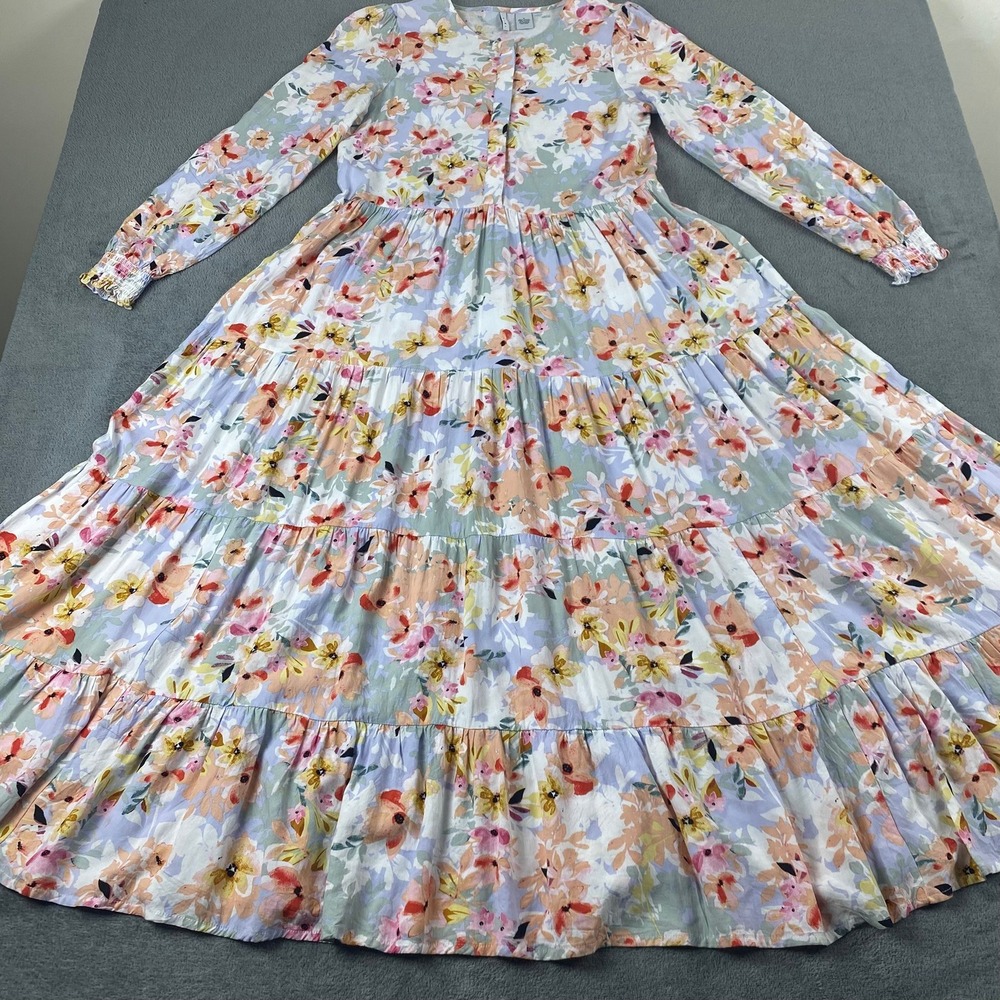 Evie‎ Women Small Maxi Dress Pastel Floral Tiered Long Sleeve Rayon Boho